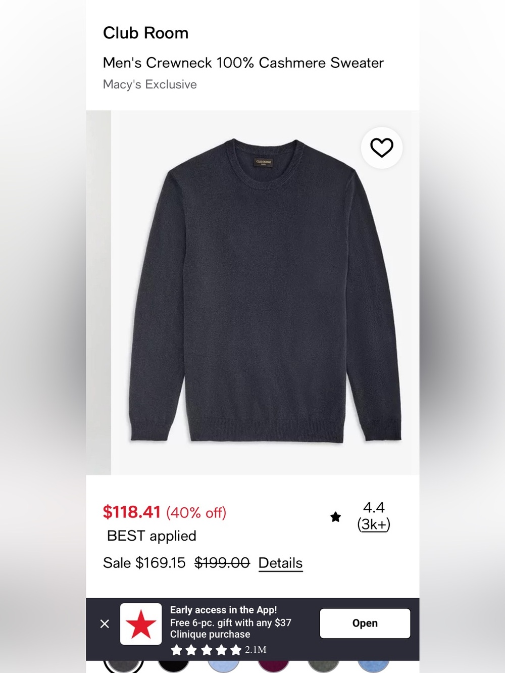 100% Cashmere Club Room Men's Cashmere Crewneck Sweater - Gray Size L